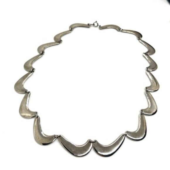 VINTAGE MODERNIST MOON CRESCENT LINK NECKLACE SILVER TONE SCALLOP BIB COLLAR - Picture 15 of 16